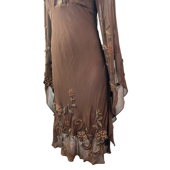 Sue Wong Brown 100% Silk Beaded Long Sleeve V Neck Mesh Midi Sheath Dress Size 6 - Picture 2 of 6